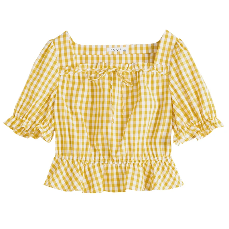 

DUSHU Office Ladies Puff Sleeve Yellow Plaid Chiffon Shirt 2021 Summer New Product Retro Square Neck Puff Sleeve Shirt