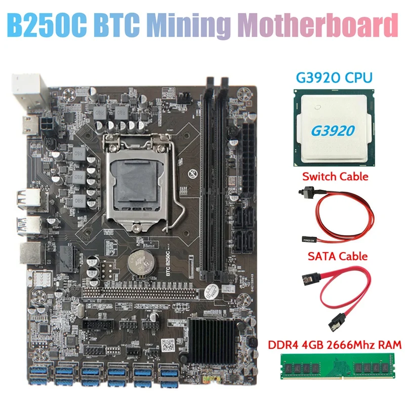 

Материнская плата B250C BTC Miner с ЦП G3920 или G3930 + DDR4 4 Гб 2666 МГц ОЗУ + кабель SATA + кабель переключения 12XPCIE в слот для карты USB3.0