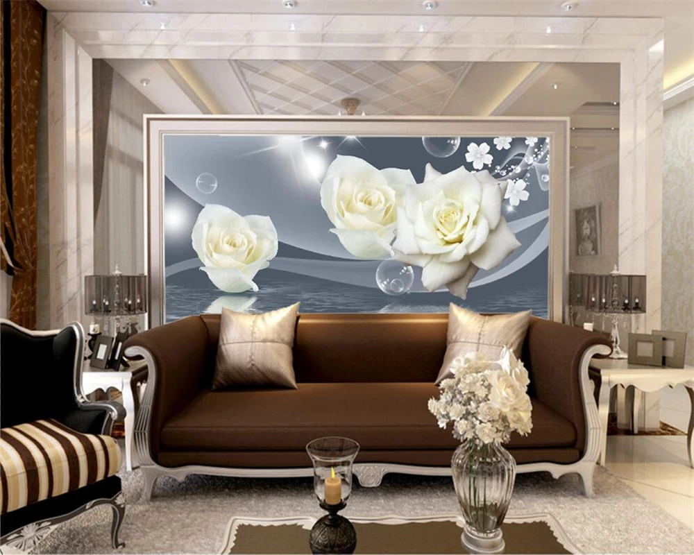

beibehang home decorCustomized fashion simple white rose water pattern reflection living room TV background wall 3d wall sticker