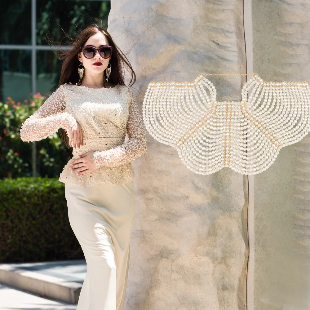 

1pc Exaggerated Pearl Necklace Breast Chain Fashionable Body Chain (White)