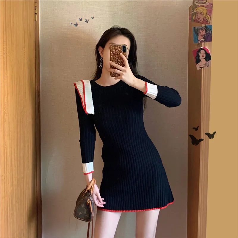 

Вязаные платья с круглым вырезом и высокой талией, винтажные весенние романтичные Элегантные платья, черные короткие женские платья, женск...