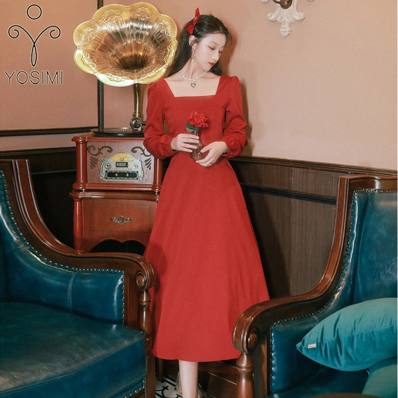 

Винтажное Черное женское платье YOSIMI, осень 2021, элегантное черное платье-трапеция до середины икры с квадратным вырезом и длинным рукавом, же...