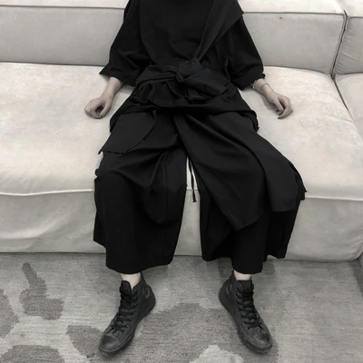 

Women's Trousers Black Casual Straight Pants Spring And Summer New Fashion Irregular Belt Wide Leg Skirt Double-Layer Design