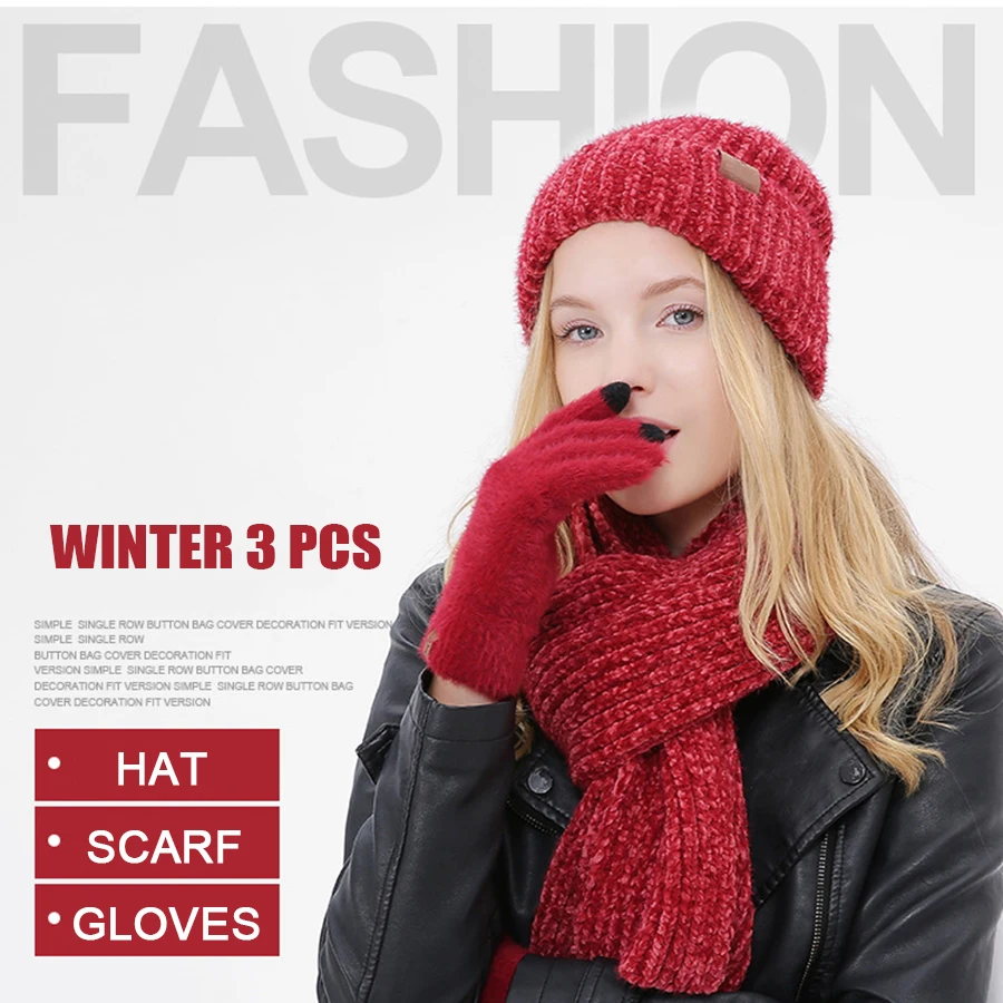 DCEBEY Winter Beanie Hat &amp Scarf Set for Women Autumn 3 PCS Slouchy Infinity Scarves Knit Skullies Beanies Hats Girl |