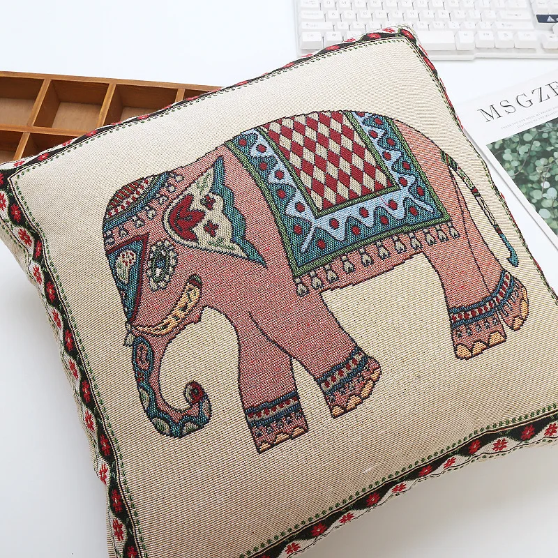 

Bohemian Style Homestay Hotel Sofa Pillowcase Retro Cotton and Linen Ethnic Style Cushion Cover Elephant Pattern Home Decoration