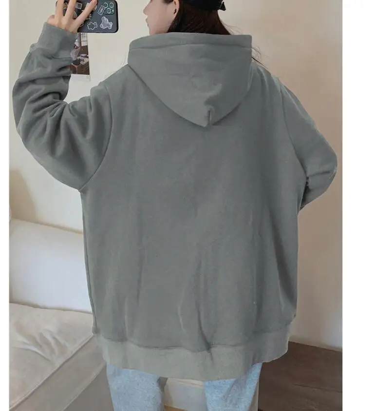 

2021 zip-up Women Korean Style hoodies Vintage Solid Color Long Sleeve Oversized Hooded Sweatshirt Lady Women Casual Large Coats