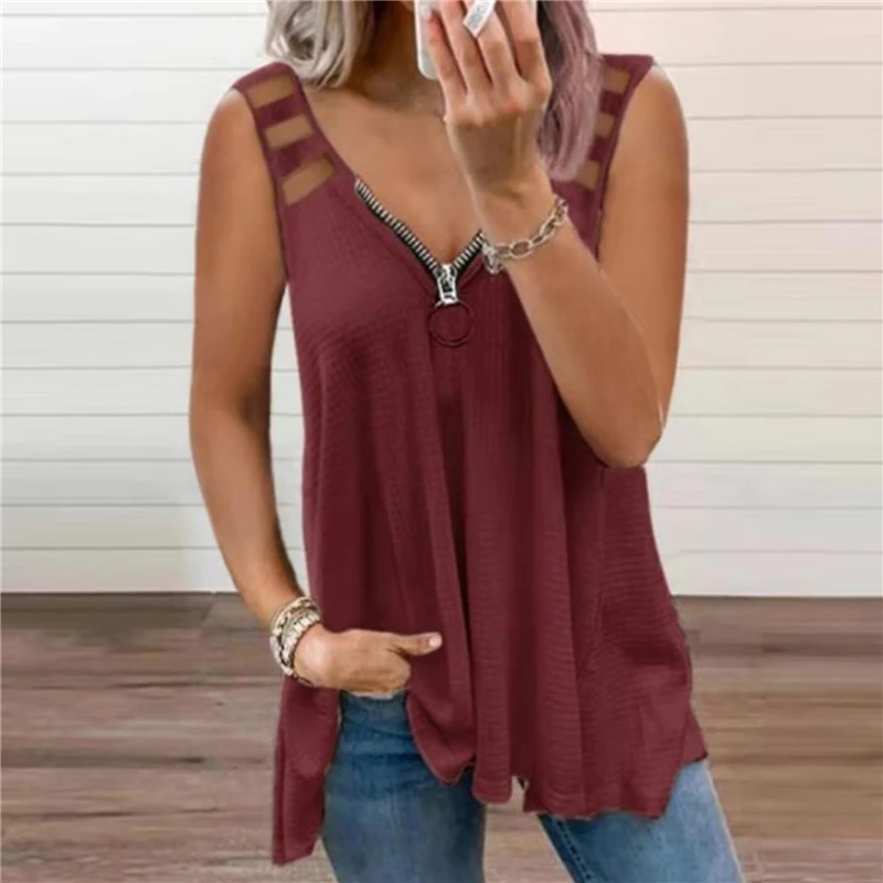 

Women Summer Zipper V Neck Hollow Loose Tanks Solid Color Laides Causal Vest Sleeveless Fashion Tanks Top