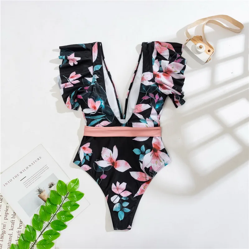 

Print One Piece Swimsuit Women 2021 New Bathing Suit Monokini Sexy Swimsuit Push Up Swimwear Women Ruffle Swimming Suit