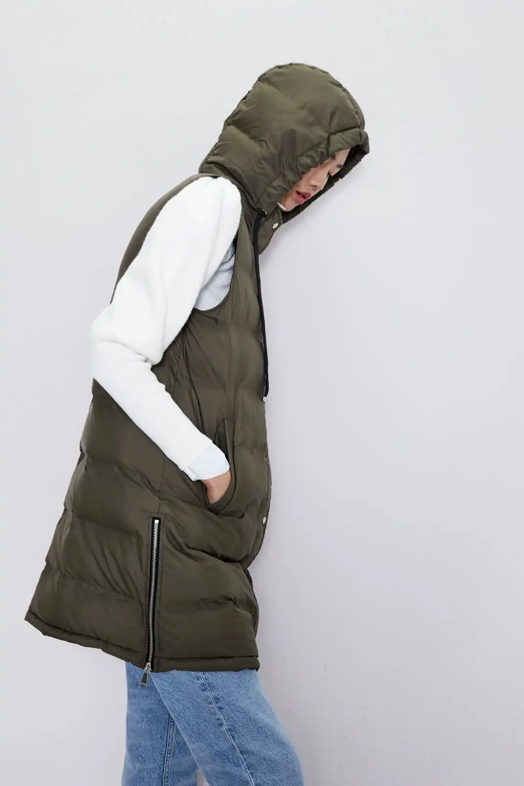 Autumn and Winter ZA New Fashion Cotton Vest Women Collar Hooded Zipper Pocket Sleeveless Casual Loose Warm Cotton Vest Coat