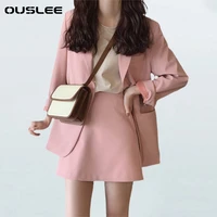 ouslee spring ladies skirt solid suits women single breasted jacket pencil skirt suits business 2 pieces sets office uniform