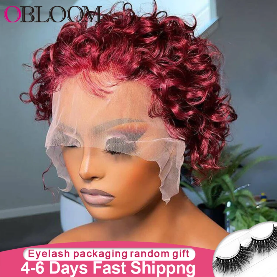 

Burgundy 99J 13x2 Lace Front Human Hair Wigs Short Curly Pixie Cut Wig 180% Density Brazilian Hair Wigs for Women Pre plucked