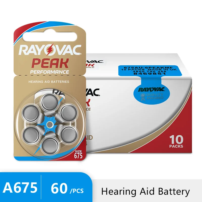 

Hearing Aid Batteries 60PCS / 10 Cards RAYOVAC PEAK 1.45V 675A A675 675 PR44 Zinc Air Battery For BTE CIC RIC OE Hearing Aids