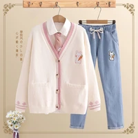 spring and autumn suit womens loose college wind cardigan jeans three piece high school girl girl suit turn down collar