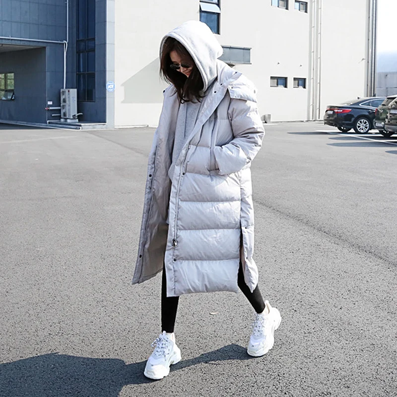 2021 Новая Женская длинная куртка модная с капюшоном свободный пуховик женские
