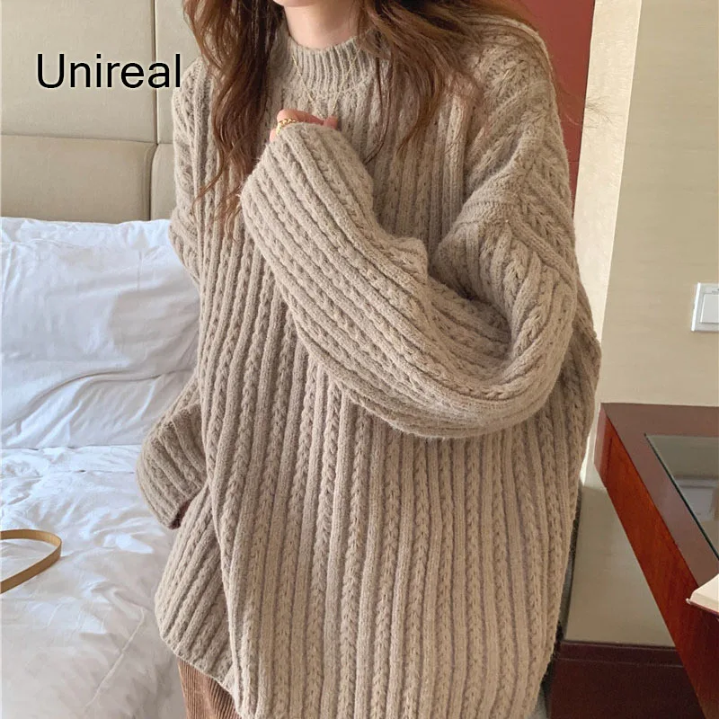 

Женский пуловер свободного покроя Unireal, винтажный Повседневный плотный теплый вязаный джемпер, зима 2022