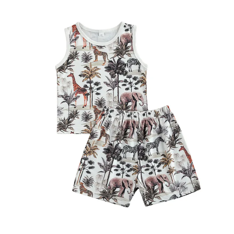 

Baby Boys Fashion 2-piece Outfit Set Sleeveless Animal Print Tops+Shorts Set for Kids Boys