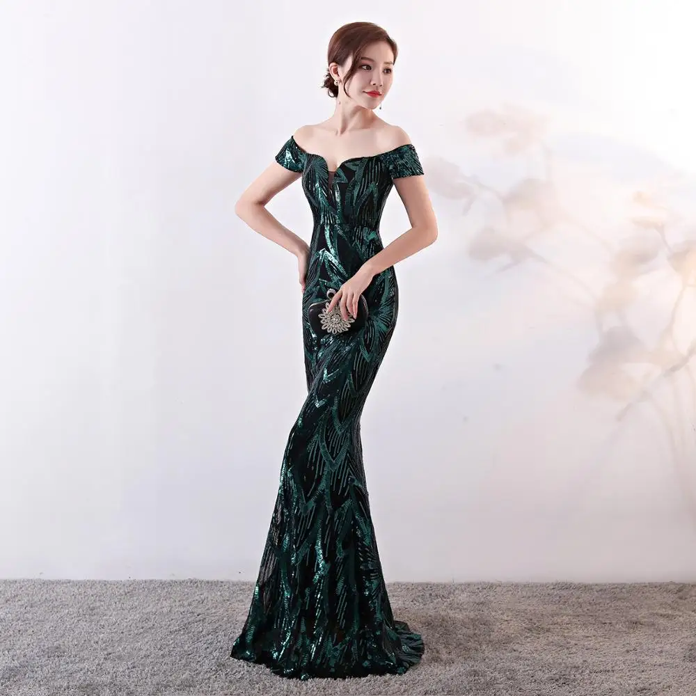 Sexy Prom Dresses 2020 Cheap V Neck Off the Shoulder Black with Gold Embroidery Mermaid Dress Vestido De Festa YN-1923 | Свадьбы и