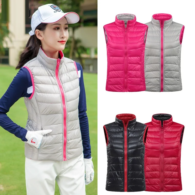 

Women Feather Down Waistcoat Full Zipper Double Coat Ladies Lightweight Slim Down Vest Sportswear Golf Vest D0686