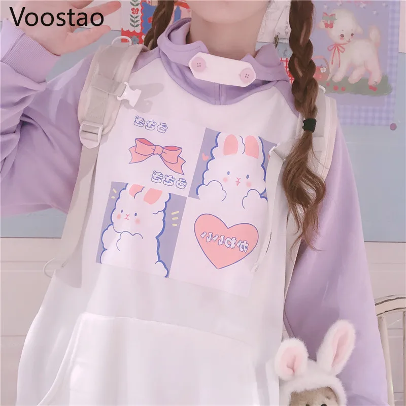 

Японские милые толстовки JK с принтом кролика из мультфильма, Женская кавайная фиолетовая Свободная верхняя одежда с капюшоном в стиле Хара...