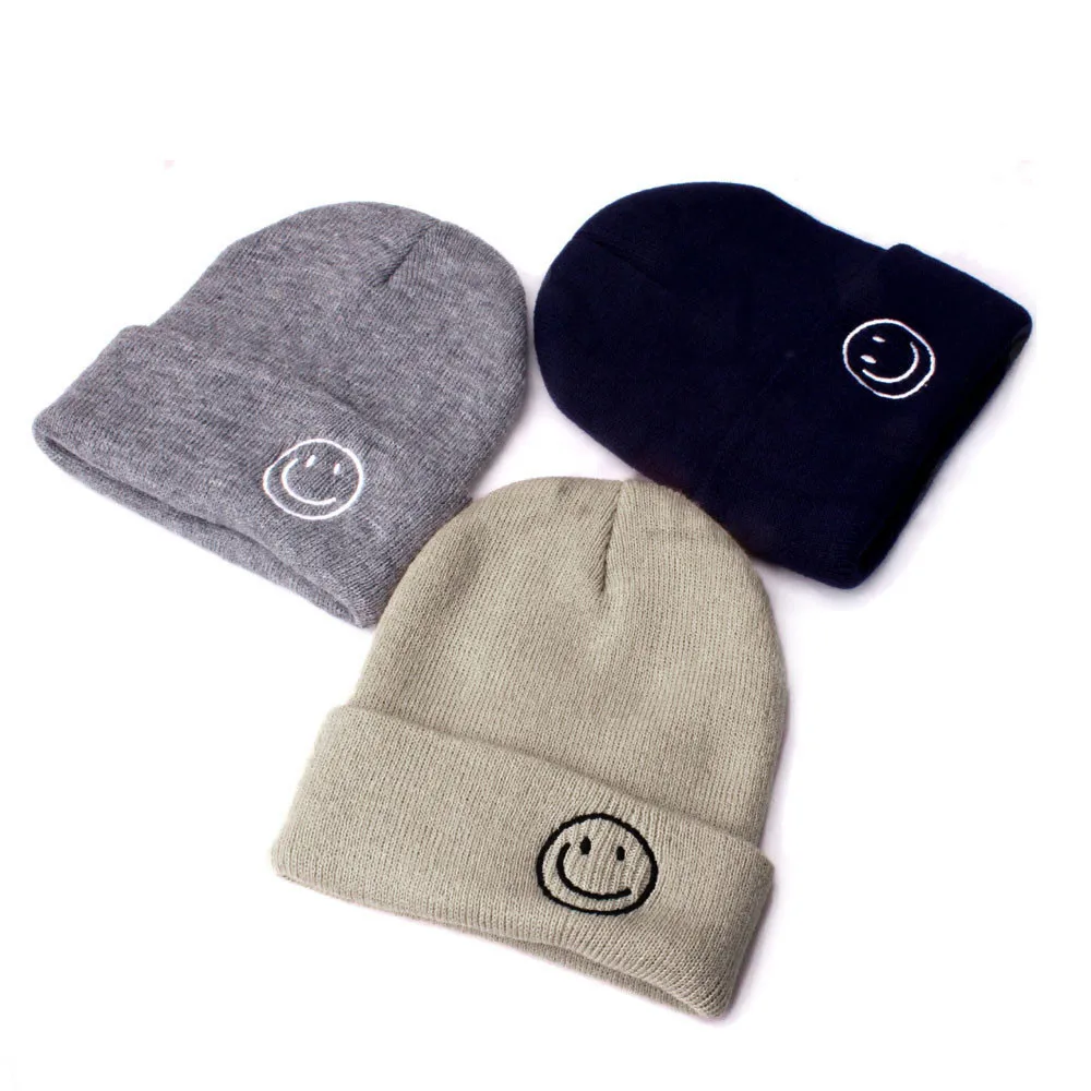 Детские шапочки удобные зимние шапки со смайликом для младенцев вязаная теплая