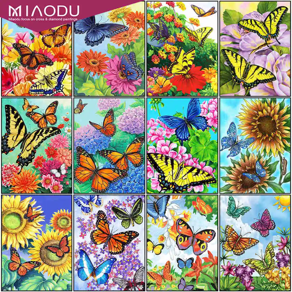 

Miaodu Butterfly Diamond Painting Kits DIY 5D Round Diamond Embroidery Flower Mosaic Animal Rhinestones Art Home Decor