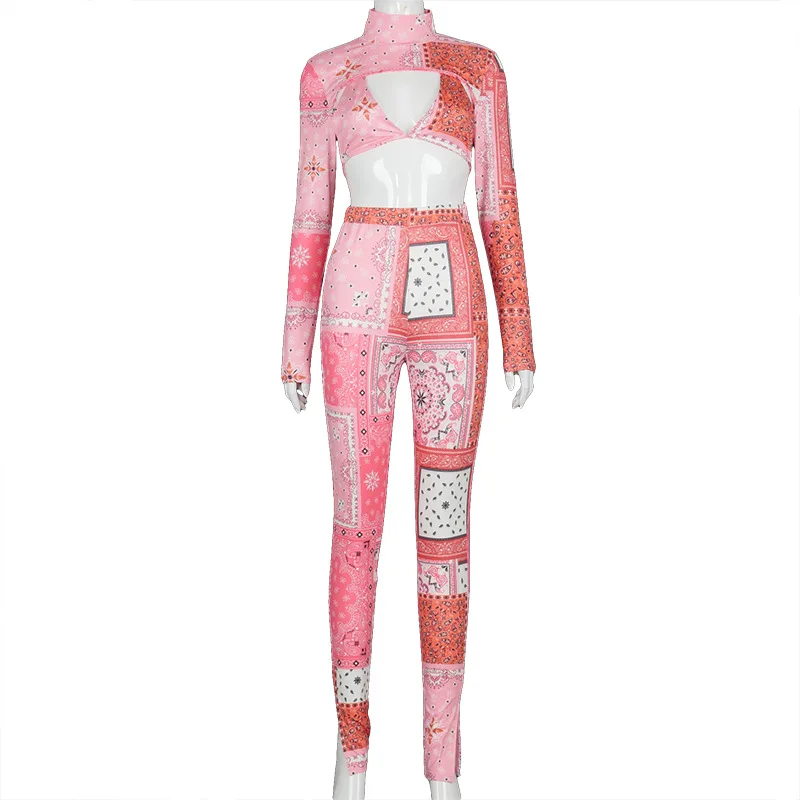 

2021 Bandana Graphic 3 PCS Women Sets Long Sleeve Patchwork Y2K Print Backless Camis Top Leggings Set Women Streetwear Tracksuit