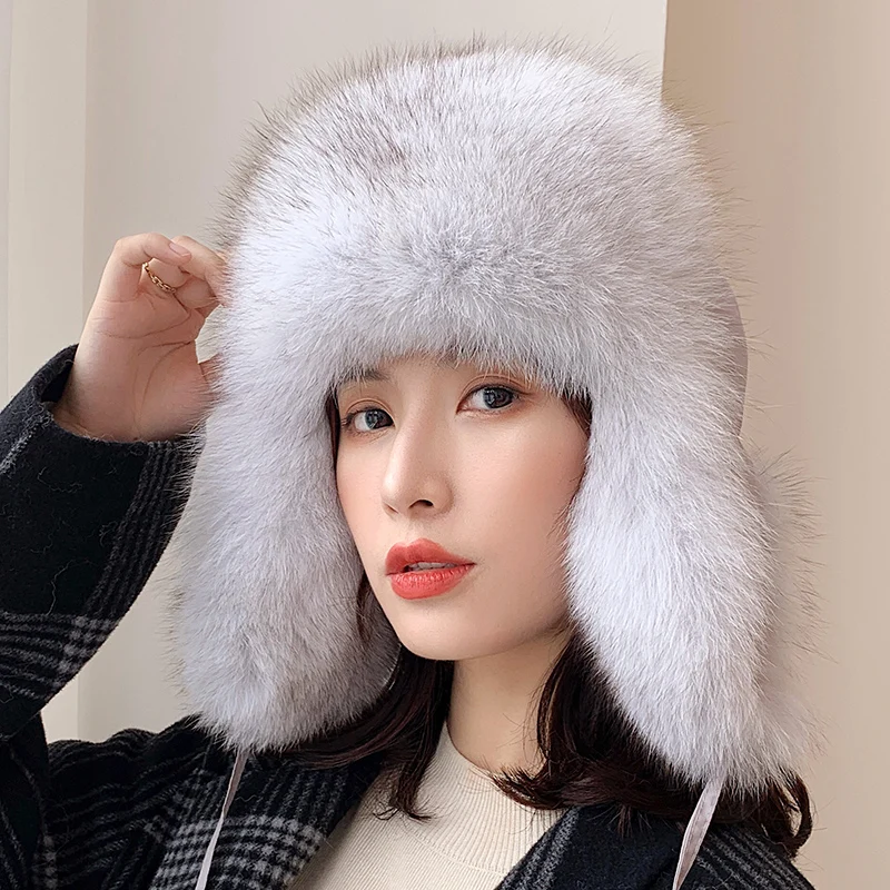 Lantafe Women Hat Winter Hat Bomber Hats Lei Feng Cap Russian Hat With Fox Fur Earmuffs Keep Warm Real Fur Unisex Style