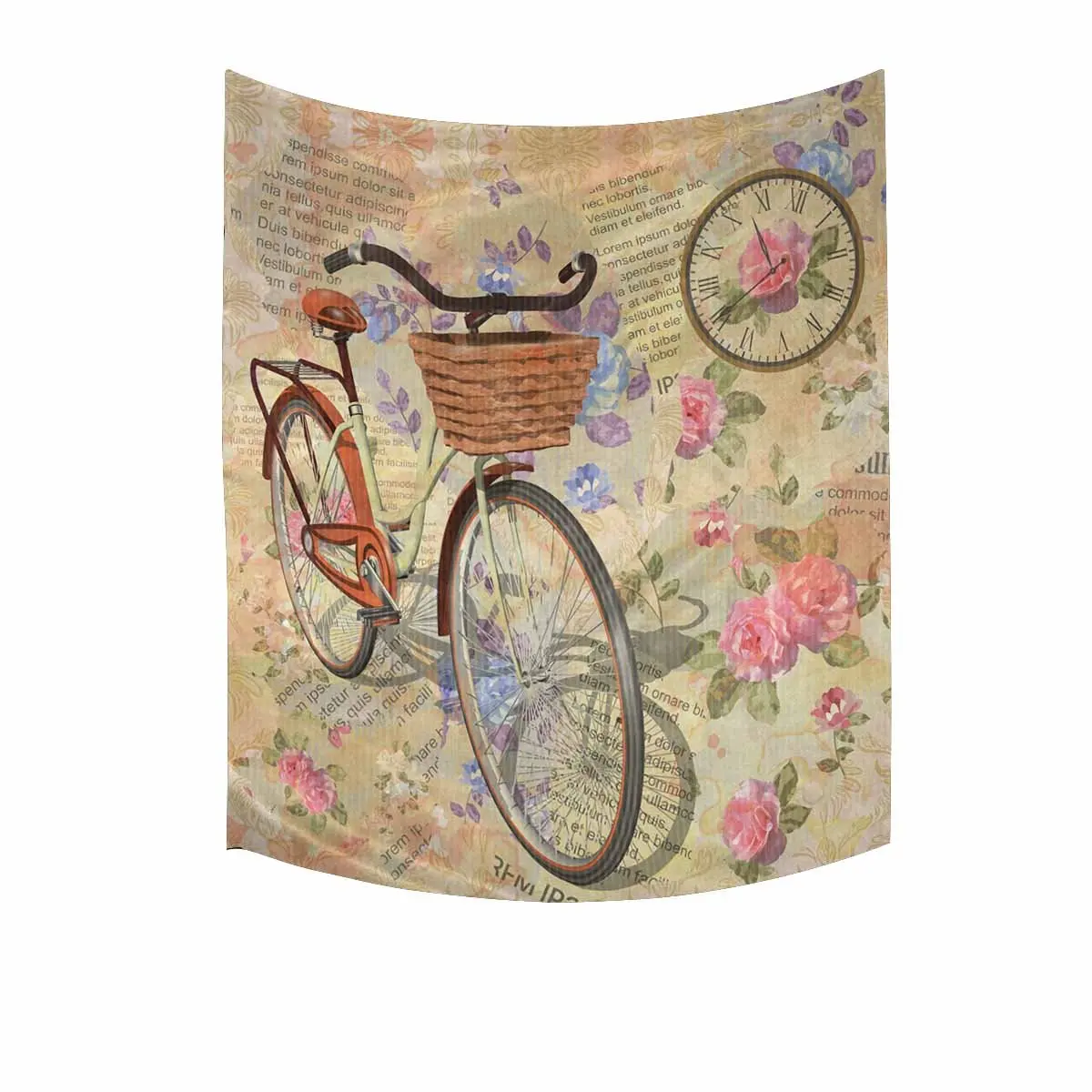 

Vintage Newspaper Floral Roses Clock and Bicycle Tapestry Custom
