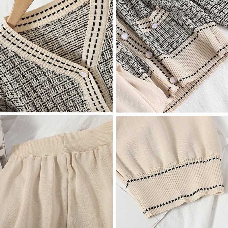 

Long Sleeve Plaid Knitwear Cardigan And Loose High Waist Wide Leg Pants Elegant Two Piece Suit Korean Style Women's Knitted Sets