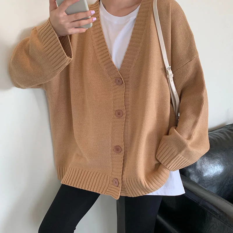 

Cardigan Women Retro Jumper Top Minimalist V-neck Harajuku Student Basic Sweater Knitted Oversize Fashion All-match Spring Daily