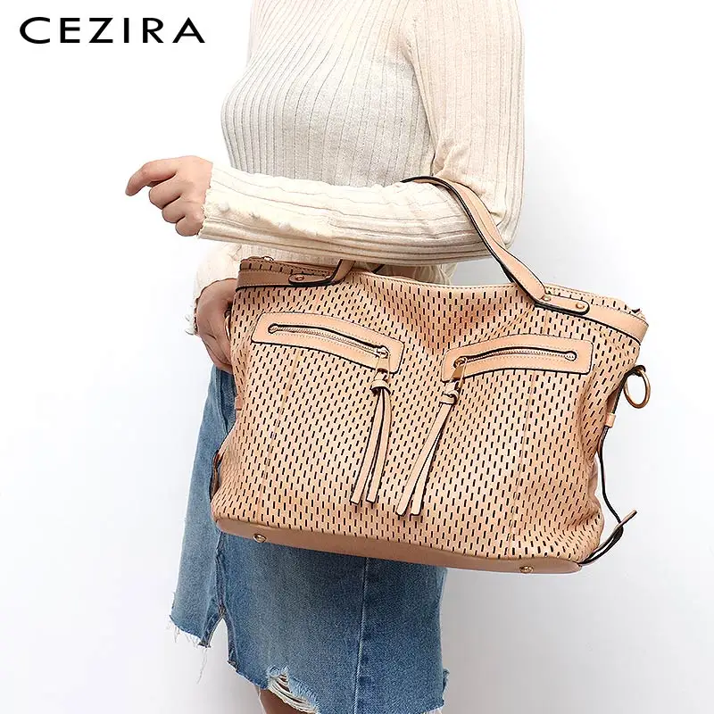 cezira large style top handle carry tote bags cutting hollow out pockets shoudler messenger bag women work bag laptop crossbody free global shipping