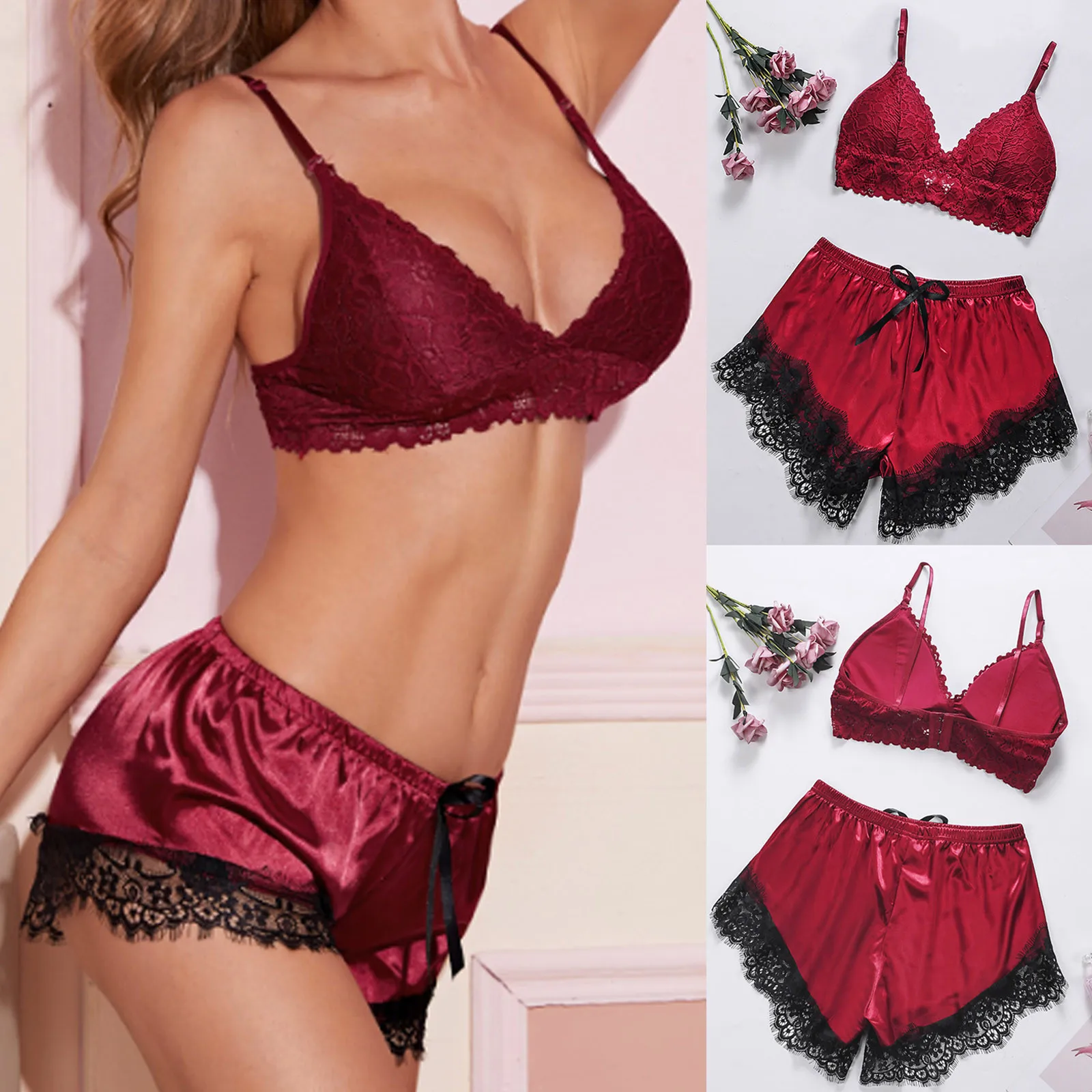 

Women Sleep Shorts Set Sexy Lace Sleepwear Menina Satin Silk Lingerie Temptation Bra Underwear Nightwear Set Пижама Женская