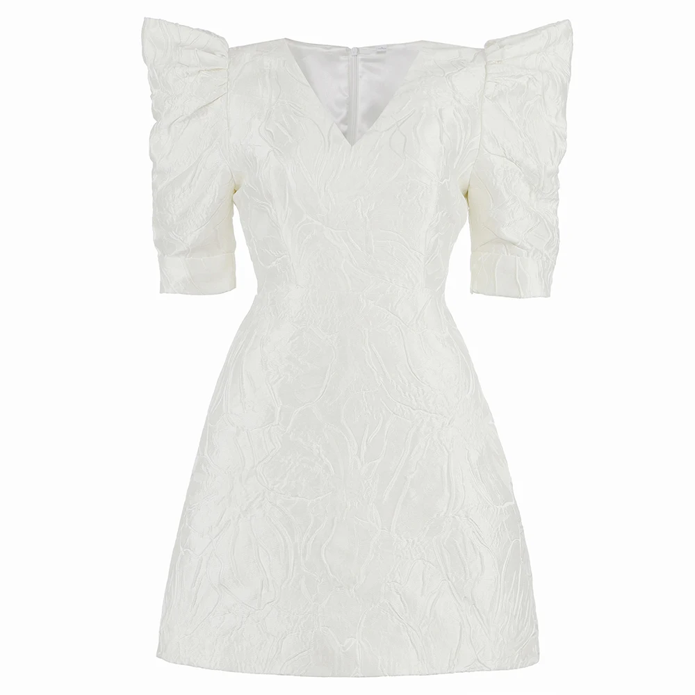 

Hot Sale Women Spring Sexy Short Sleeve V Neck Pleated White Lady Dress 2021 Designer Fashion Evening Party Dress Vestido