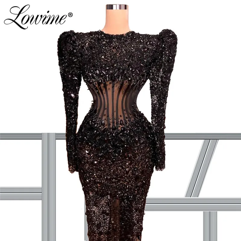 2021 Luxury Illusion Black Beaded Dubai Evening Dresses Saudi Arabia Party Dress For Weddings Robe De Soiree Celebrity Dresses