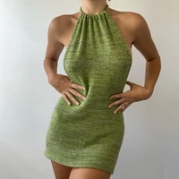 summer black off shoulder party knit bodycon sexy beach dresses halter neck green backless mini dress beach women sleeveless