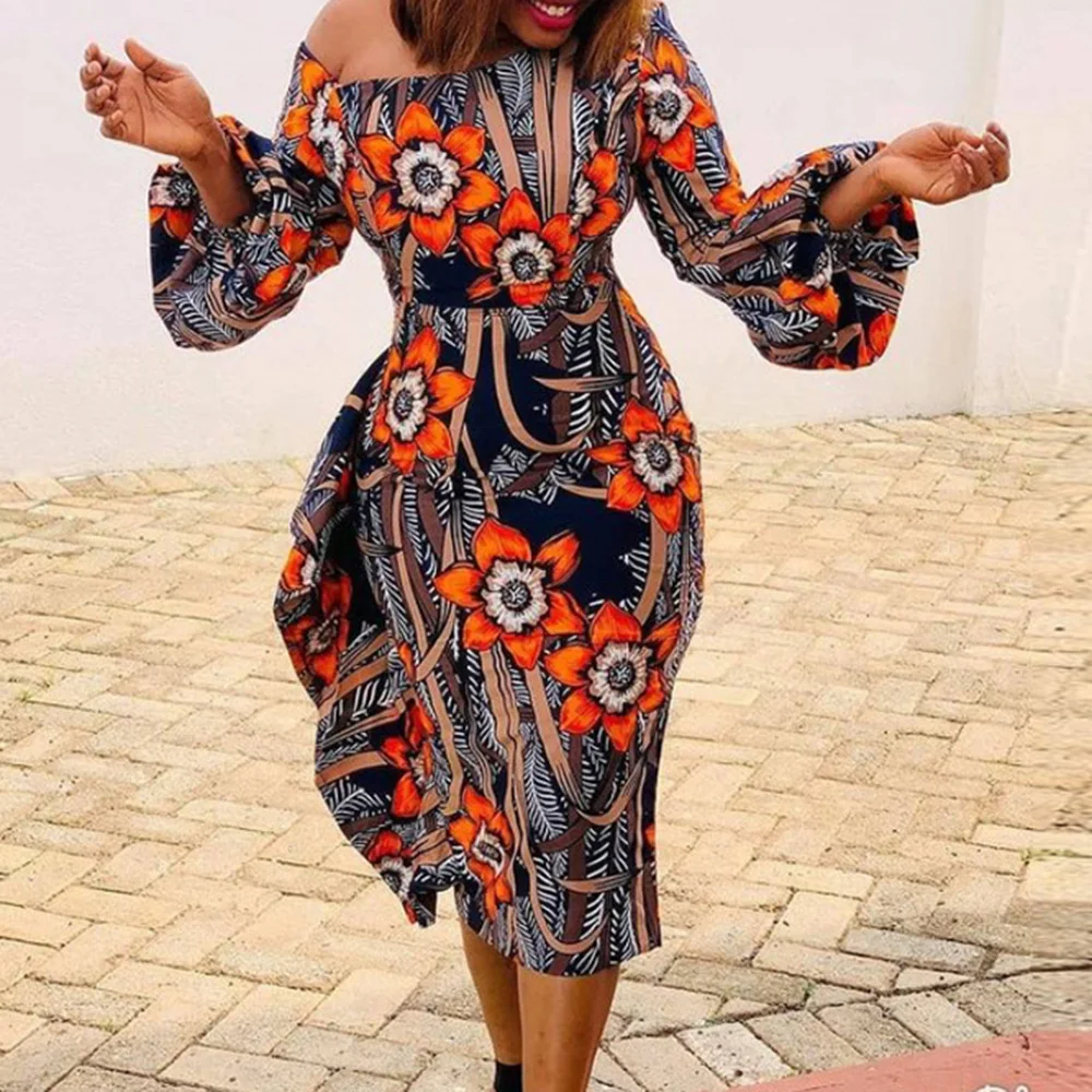 

Lantern Sleeve Floral Print Summer Dress for Women Sexy Off Shoulder Casual 2021 Midi Women's Dresses Femme African Maxi Vestido