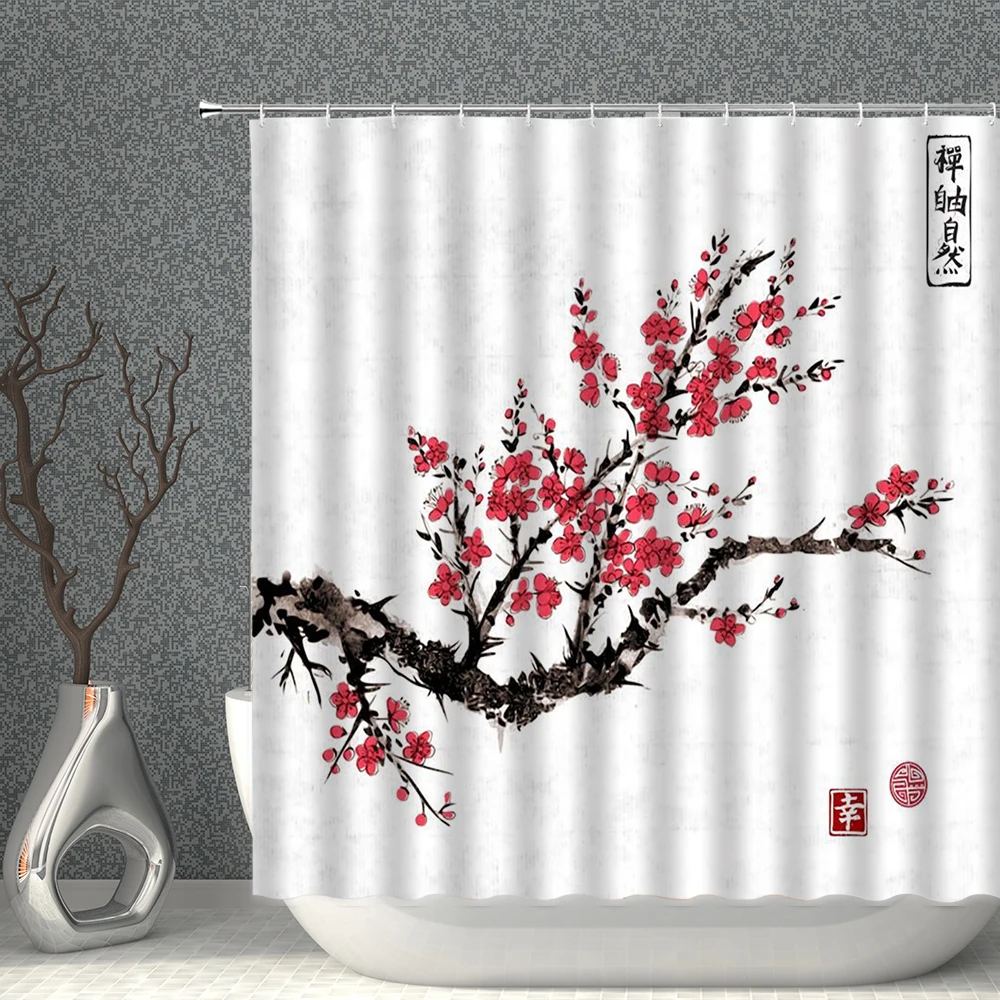 

Mount Fuji cherry blossoms Shower Curtain New Chinese Ink Painting Plum Blossom Goldfish Bird Pattern Washable Cloth With Hooks