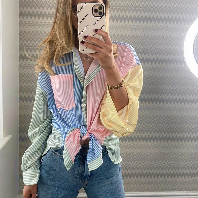 Женская рубашка в стиле пэчворк однобортная блузка контрастных цветов женская