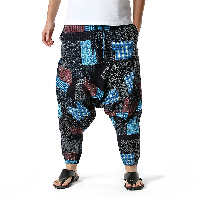 

Harem Pants Mens Hippy Hippe Trousers Cotton Bohemian Vintage Yoga Ethnic Print Patchwork Harem Pants Om Patch Pants