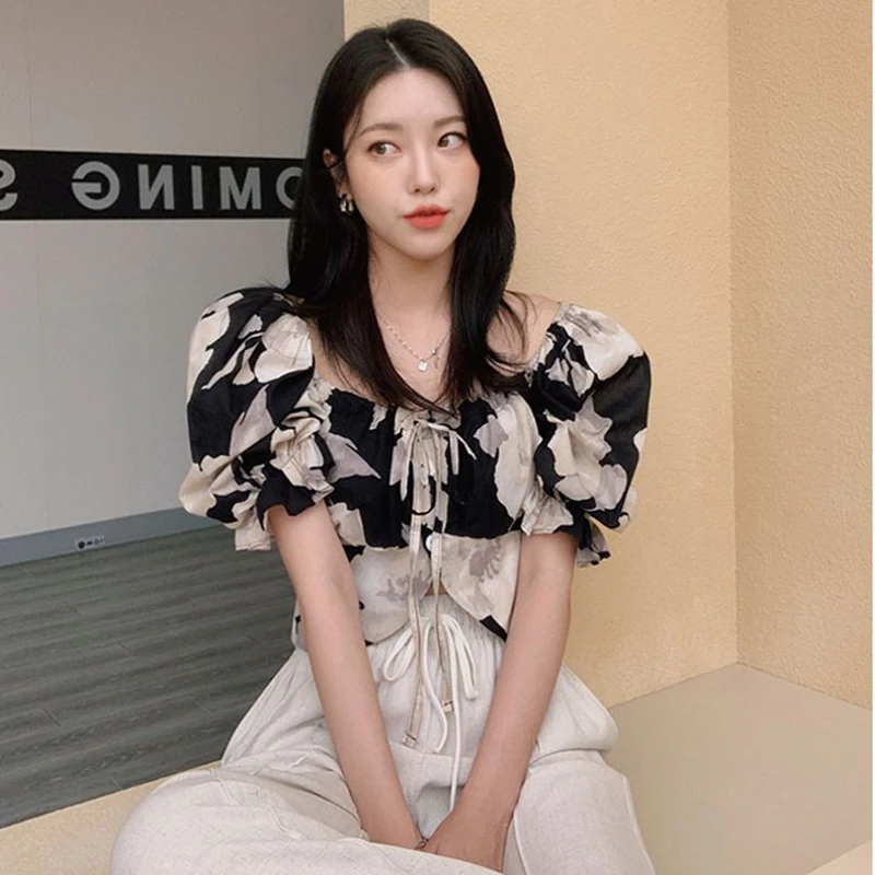 

GALCAUR Print Casual Shirts For Women Square Collar Puff Short Sleeve Hit Color Single Breasted Blouses Female Summer 2021 Style