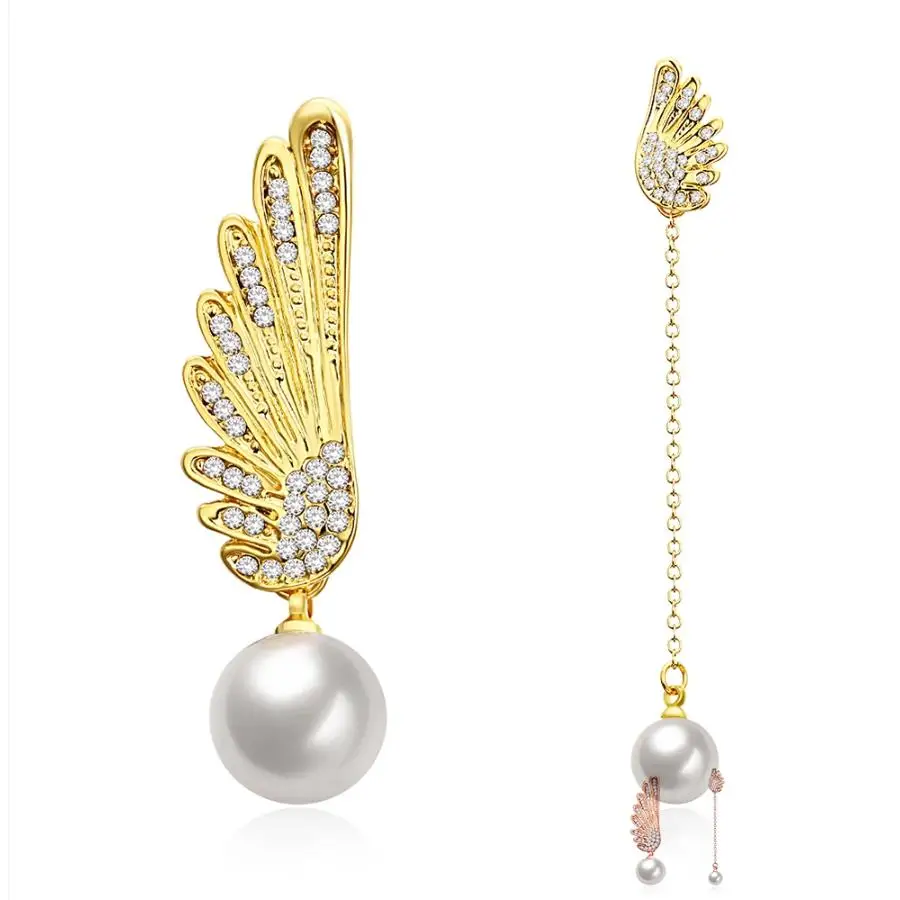 

ZEMIOR Christmas Wing Pearl Earrings For Women Shining Zircon Asymmetry Gold Plate Stud Earring Fashion Jewelry Anniversary Gift