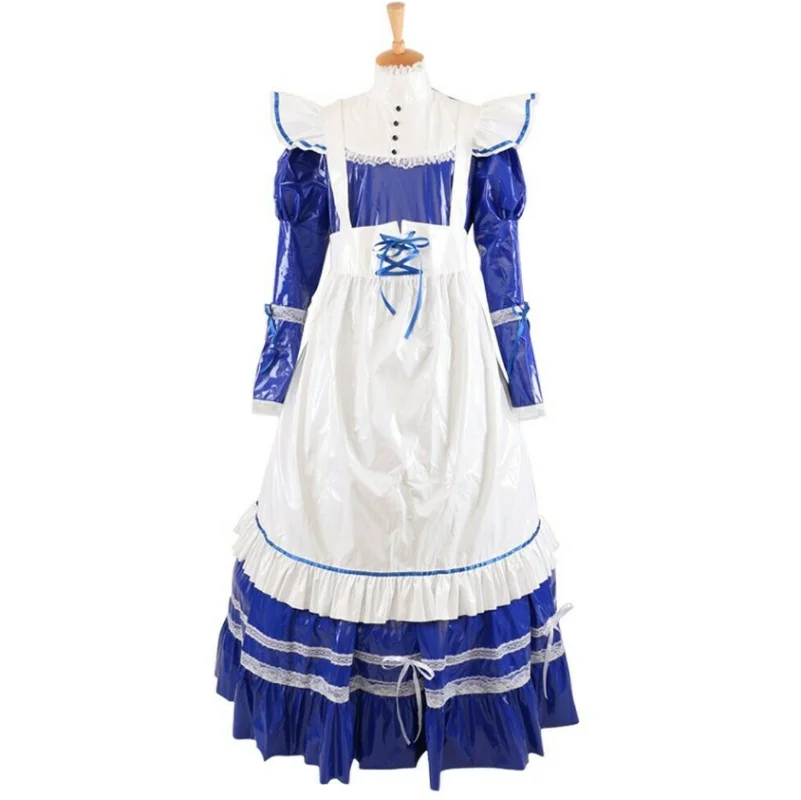 Hot selling blue and white sissy  girl maid PVC lockable dress role play costume customization