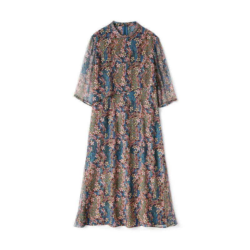 Женские модельные платья из 100% шелка модные летние с круглым вырезом и рукавом 3/4