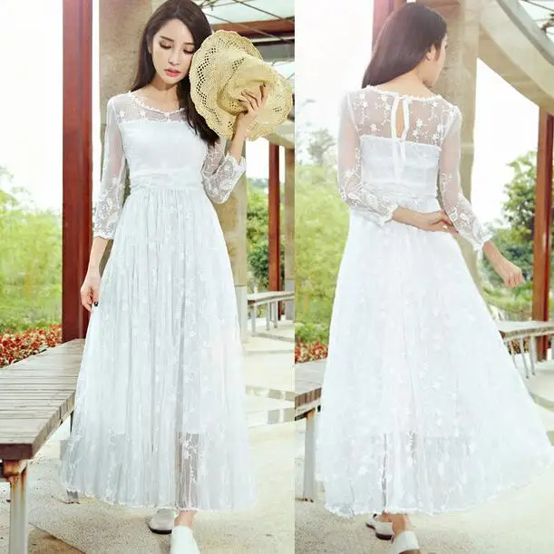 2020 вышитое длинное белое праздничное пляжное платье женское летнее кружевное