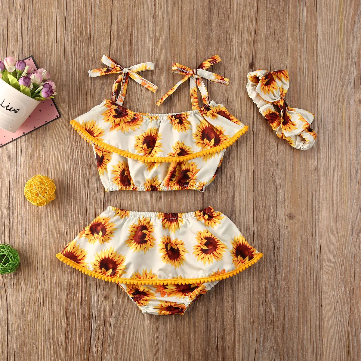 Ropa de verano para ni&ntilde;os y ni&ntilde;as, traje para reci&eacute;n nacidos con correa, Tops con estampado de girasol, pantalones cortos, ropa informal con diadema-3