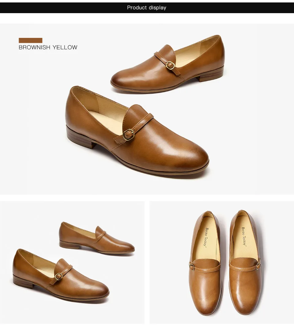 BeauToday Loafers Women Genuine Cow Leather Round Toe Buckle Ladies Slip-On Casual Flat Shoes Handmade 27159