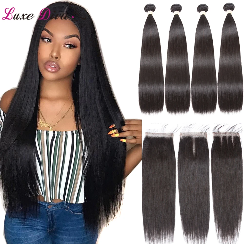 Pacotes de Cabelo em Linha Reta com Fechamento Pacotes com Fechamento Lotes em Massa Luxediva Tecer Cabelo Brasileiro Remy Humano 30 Polegada Atacado