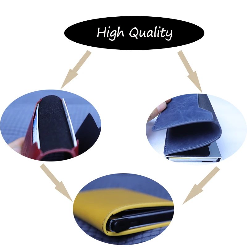 RFID Blocking Credit Card Holder Genuine Leather Men ID Card holder Mini Wallet Vintage Metal Automatic Anti-theft Card Wallet