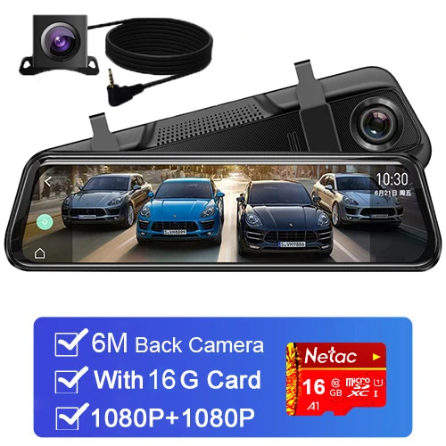 6M rear lens 16GB Супер ночное видение 1296P Автомобильное зеркало заднего вида авто рекордер зеркало заднего вида цифровой видеорегистратор двойной объектив Registratory - Название цвета: 6M rear lens 16GB