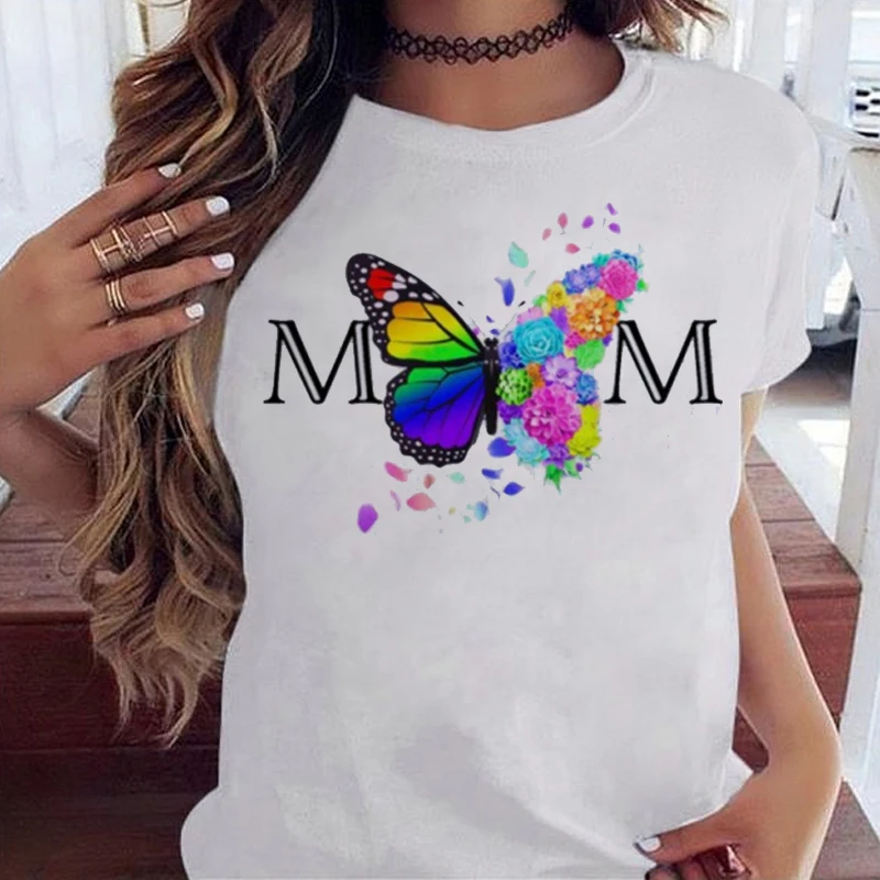 

Модная женская футболка, Новые повседневные топы с принтом бабочек и цветов для мам, женская футболка с коротким рукавом и круглым вырезом, ...